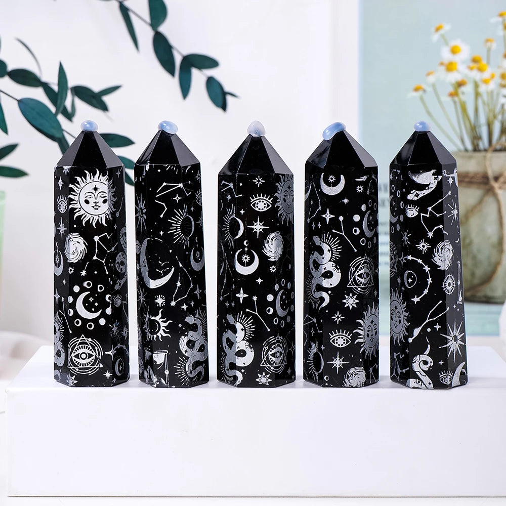 1PC Natural Black Obsidian Tower Chakra Point With Gold Star Moon Pattern Point Wand Healing Stone Energy Home Decor