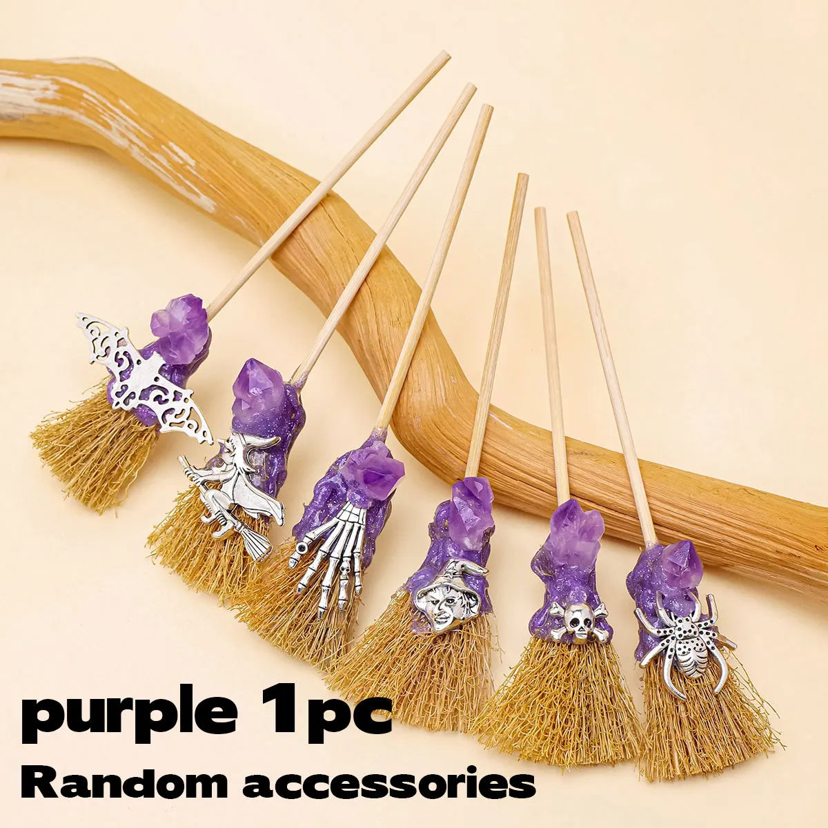 1PC Natural Crystal Amethyst Crystal Tooth Flower Gem Magic Mini Broom Quartz Witch Broom Reiki Gemstone For Cleansing Healing