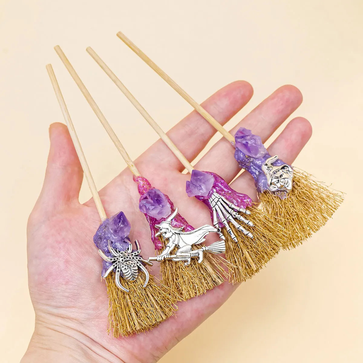 1PC Natural Crystal Amethyst Crystal Tooth Flower Gem Magic Mini Broom Quartz Witch Broom Reiki Gemstone For Cleansing Healing