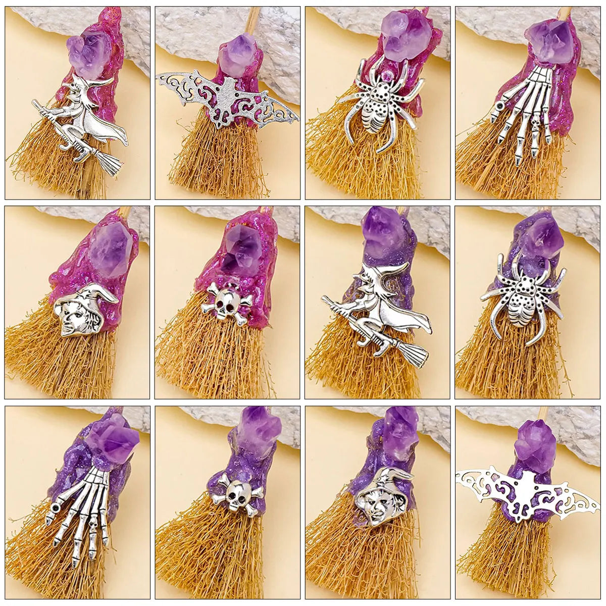 1PC Natural Crystal Amethyst Crystal Tooth Flower Gem Magic Mini Broom Quartz Witch Broom Reiki Gemstone For Cleansing Healing