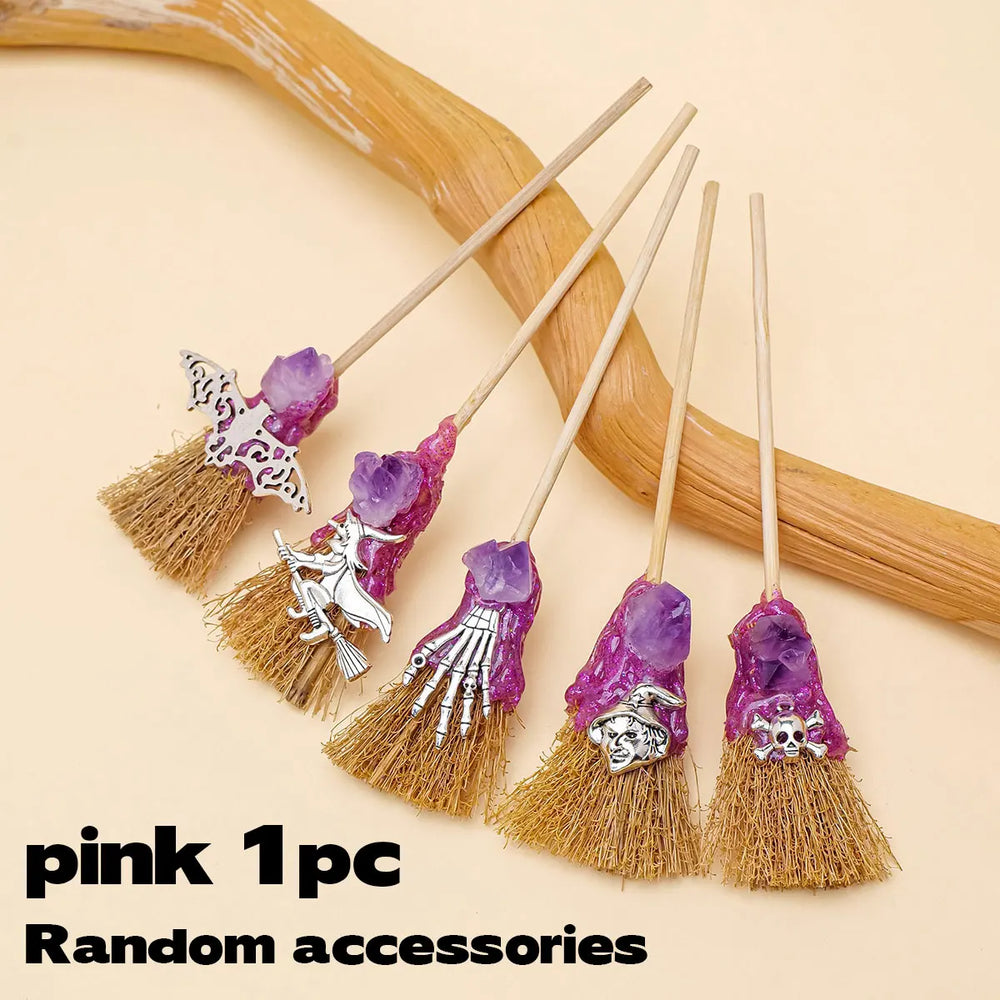 1PC Natural Crystal Amethyst Crystal Tooth Flower Gem Magic Mini Broom Quartz Witch Broom Reiki Gemstone For Cleansing Healing