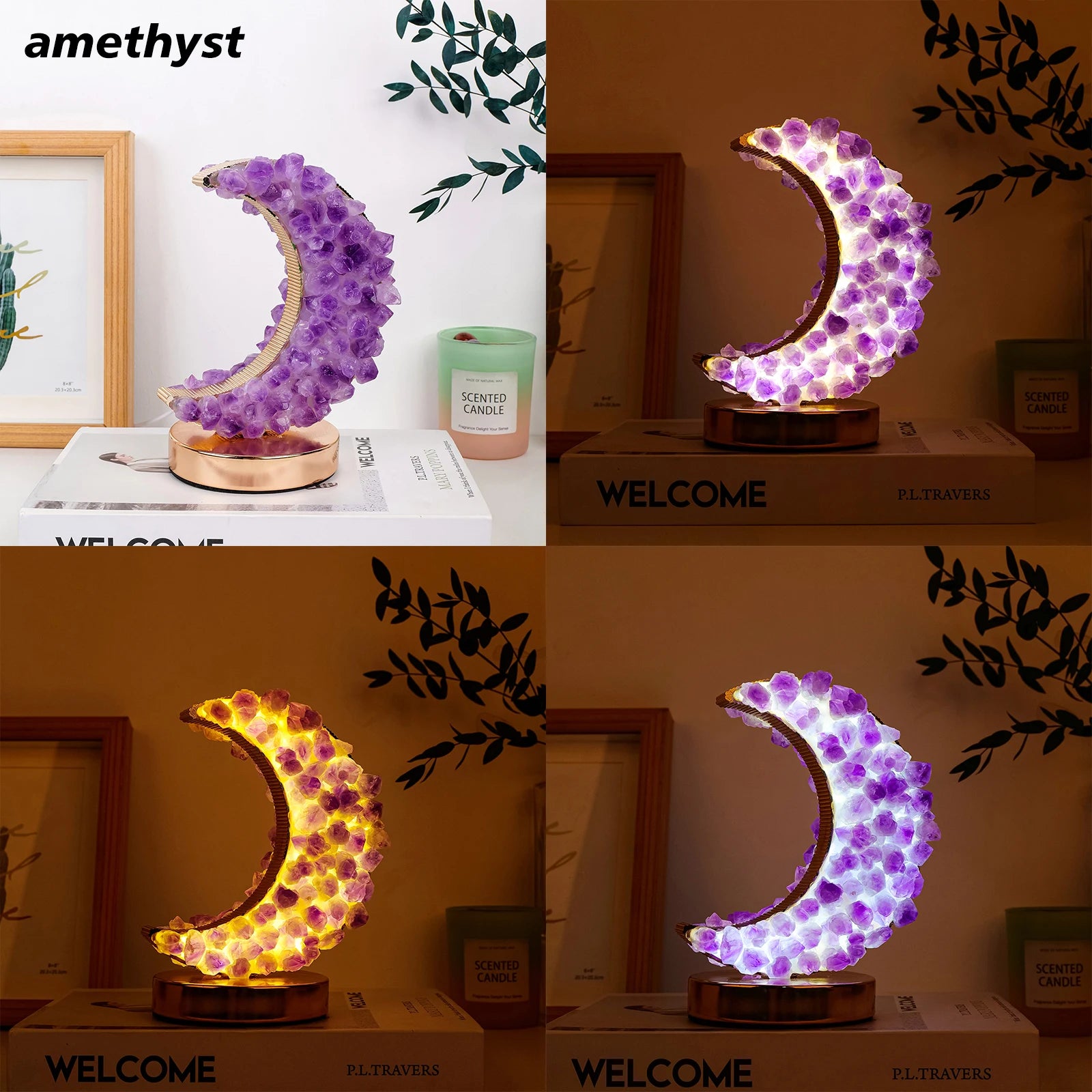 1PC Natural Crystal Amethyst Tooth Citrine Tooth Moon Three Colors Are Adjustable USB Interface Bedroom home decoration