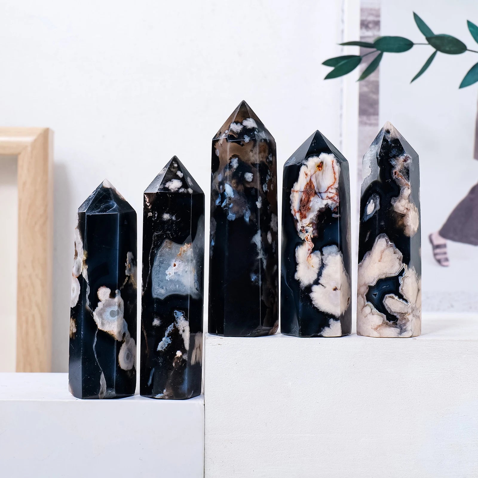 1PC Natural Crystal Black Cherry Agate Hexagonal Prisms Point  Healing Stone Energy Ore Mineral Obelisk Home Ornaments