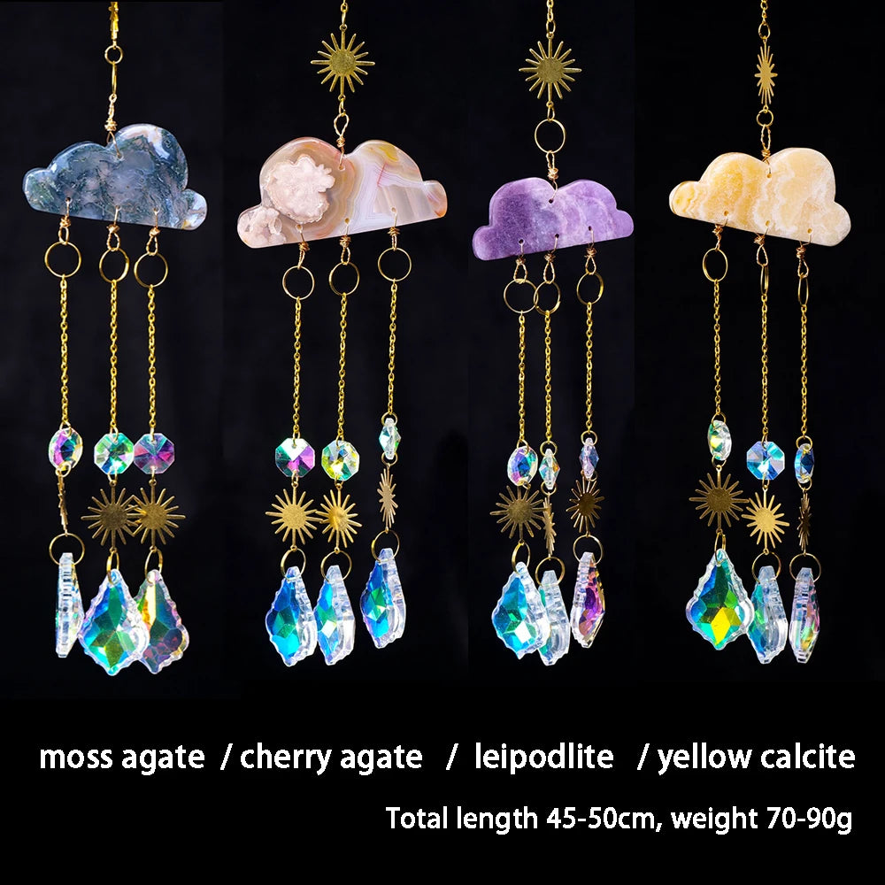 1PC Natural Crystal Cherry Agate Lepidolite Cloud Gem Carving Sun Catcher Pendant Rainbow Light Catcher Window Garden Decoration