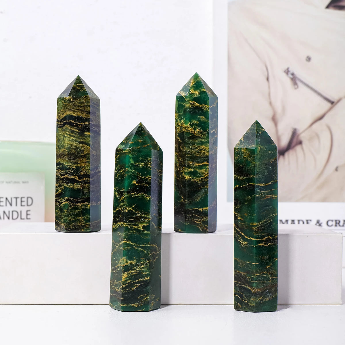 1PC Natural Crystal Emerald Point Healing Crystal Quartz Tower Healing Wand Stone Meditation Stone Energy Gem Home Decoration