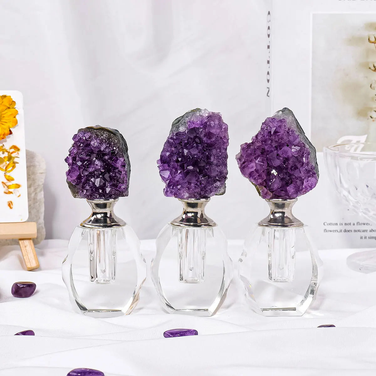 1PC Natural Crystal Gem Amethyst Cluster Healing Stone Essential Oil Bottle Empty Refillable Perfume Dropper Bottle