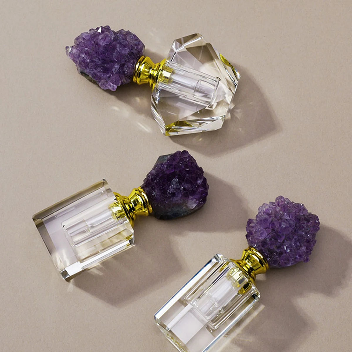 1PC Natural Crystal Gem Amethyst Cluster Healing Stone Essential Oil Bottle Empty Refillable Perfume Dropper Bottle