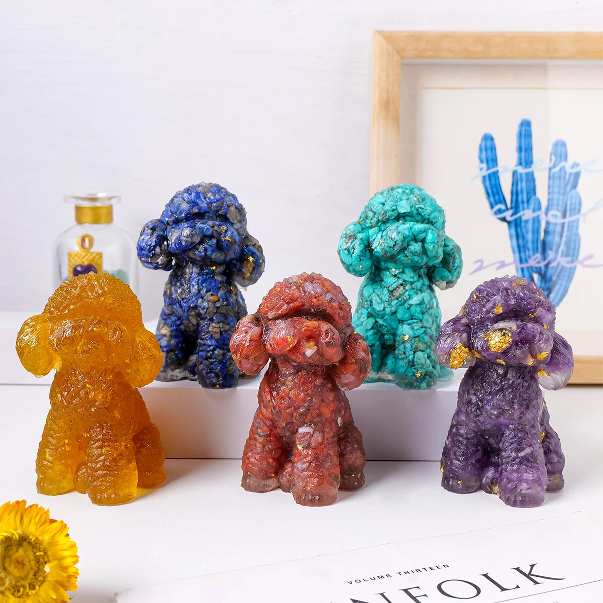 1PC Natural Crystal Gravel Big Teddy Dog Statue Dropper resin Reiki Stone Fengshui Creative Sculpture Study Room Home Decoration