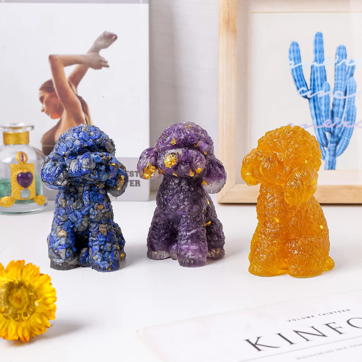 1PC Natural Crystal Gravel Big Teddy Dog Statue Dropper resin Reiki Stone Fengshui Creative Sculpture Study Room Home Decoration