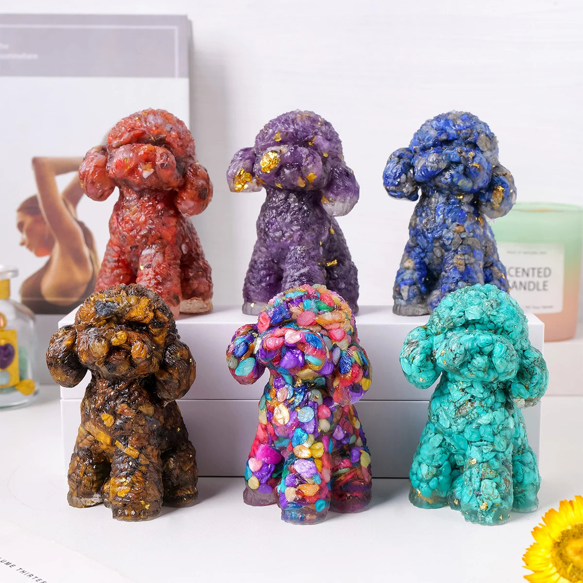 1PC Natural Crystal Gravel Big Teddy Dog Statue Dropper resin Reiki Stone Fengshui Creative Sculpture Study Room Home Decoration