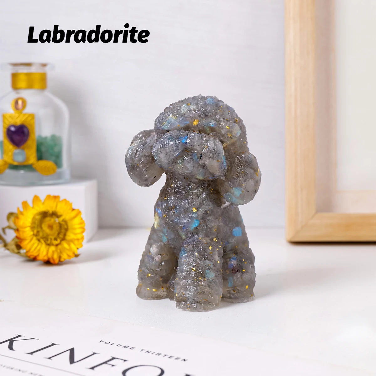 1PC Natural Crystal Gravel Big Teddy Dog Statue Dropper resin Reiki Stone Fengshui Creative Sculpture Study Room Home Decoration