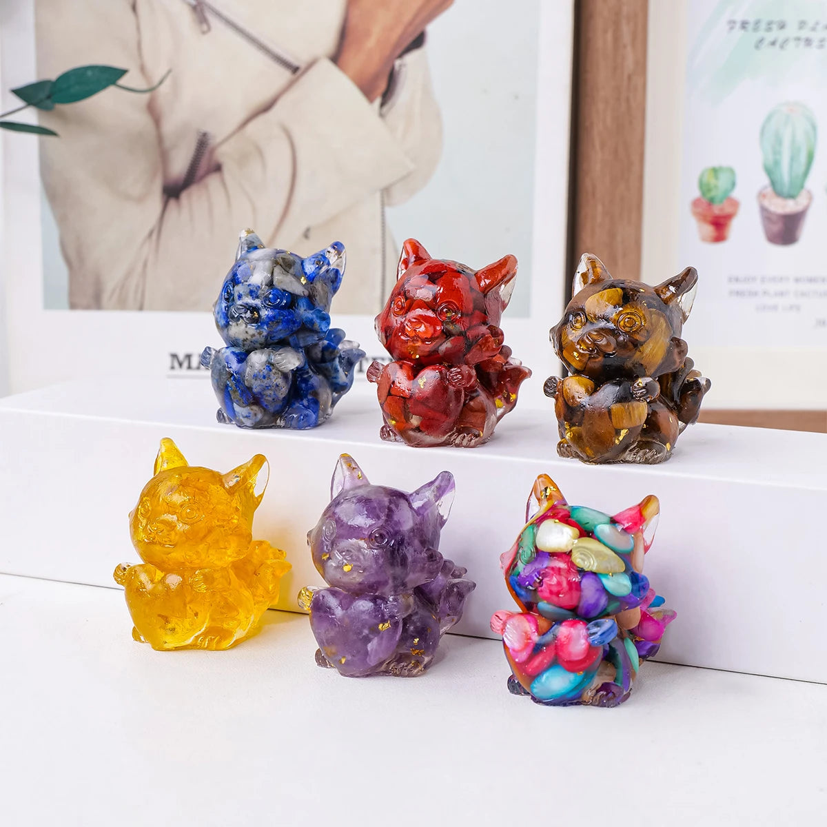 1PC Natural Crystal Gravel Heart  Jiuwei Fox Statue Dropper Resin Reiki Stone Divination Fengshui Sculpture Room Home Decoration