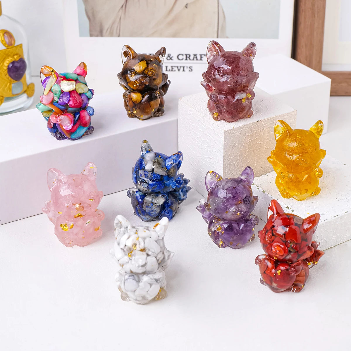 1PC Natural Crystal Gravel Heart  Jiuwei Fox Statue Dropper Resin Reiki Stone Divination Fengshui Sculpture Room Home Decoration