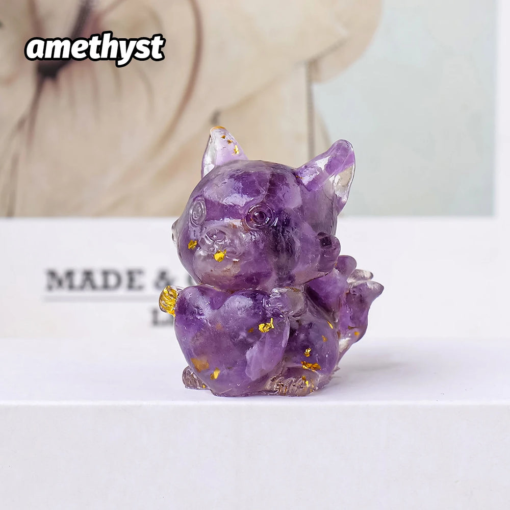 1PC Natural Crystal Gravel Heart  Jiuwei Fox Statue Dropper Resin Reiki Stone Divination Fengshui Sculpture Room Home Decoration