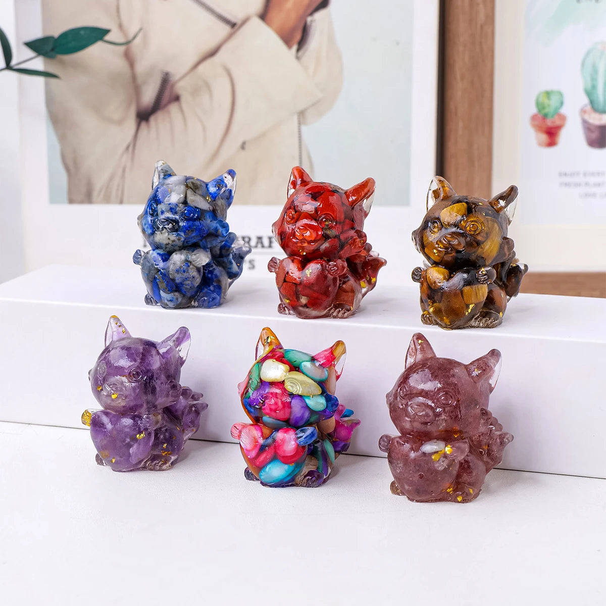 1PC Natural Crystal Gravel Heart  Jiuwei Fox Statue Dropper Resin Reiki Stone Divination Fengshui Sculpture Room Home Decoration