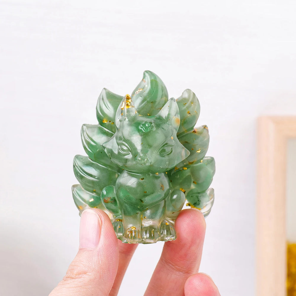 1PC Natural Crystal Gravel Jiuwei Fox Statue Dropper Resin Reiki Stone Divination Fengshui Sculpture Room Home Decoration