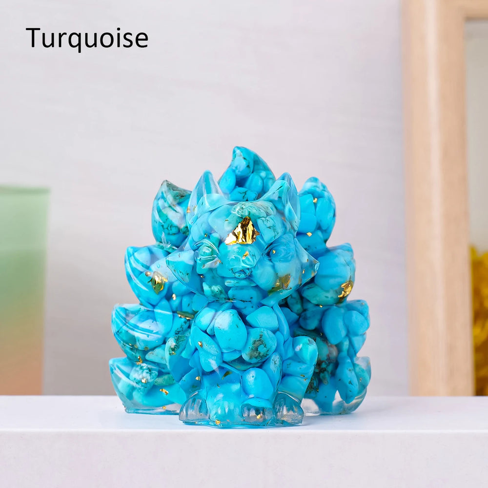 1PC Natural Crystal Gravel Jiuwei Fox Statue Dropper Resin Reiki Stone Divination Fengshui Sculpture Room Home Decoration