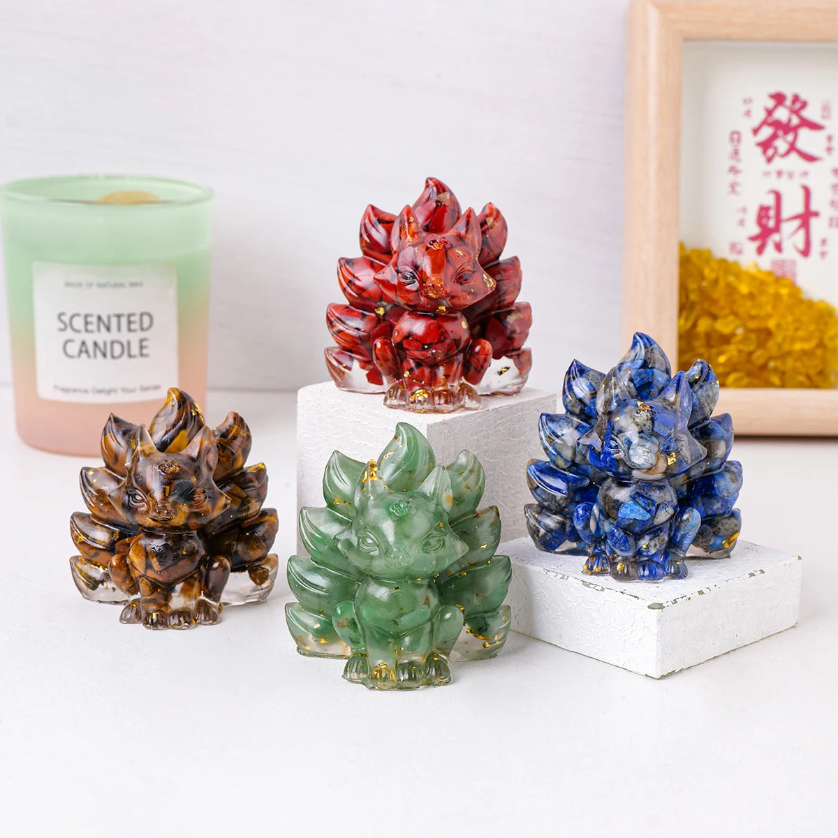 1PC Natural Crystal Gravel Jiuwei Fox Statue Dropper Resin Reiki Stone Divination Fengshui Sculpture Room Home Decoration