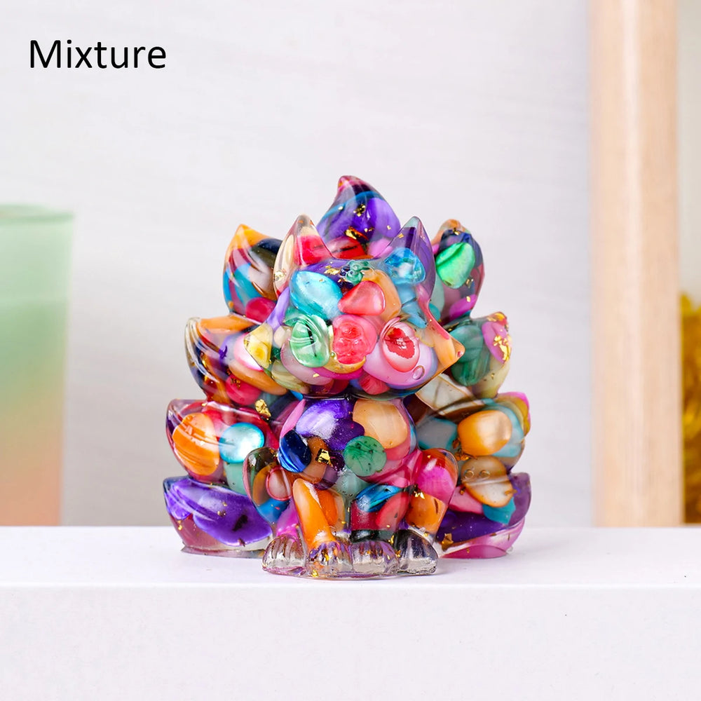 1PC Natural Crystal Gravel Jiuwei Fox Statue Dropper Resin Reiki Stone Divination Fengshui Sculpture Room Home Decoration