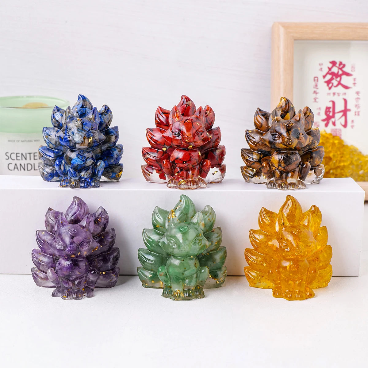 1PC Natural Crystal Gravel Jiuwei Fox Statue Dropper Resin Reiki Stone Divination Fengshui Sculpture Room Home Decoration