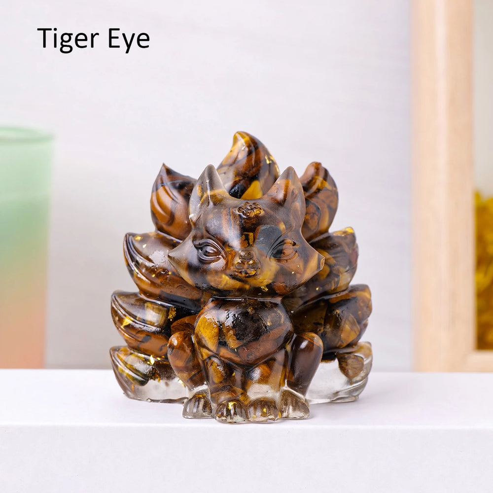 1PC Natural Crystal Gravel Jiuwei Fox Statue Dropper Resin Reiki Stone Divination Fengshui Sculpture Room Home Decoration