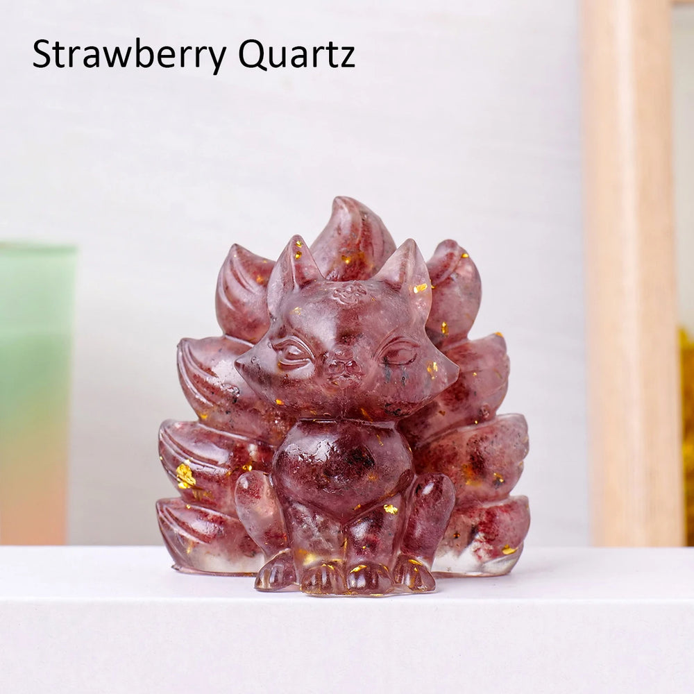 1PC Natural Crystal Gravel Jiuwei Fox Statue Dropper Resin Reiki Stone Divination Fengshui Sculpture Room Home Decoration