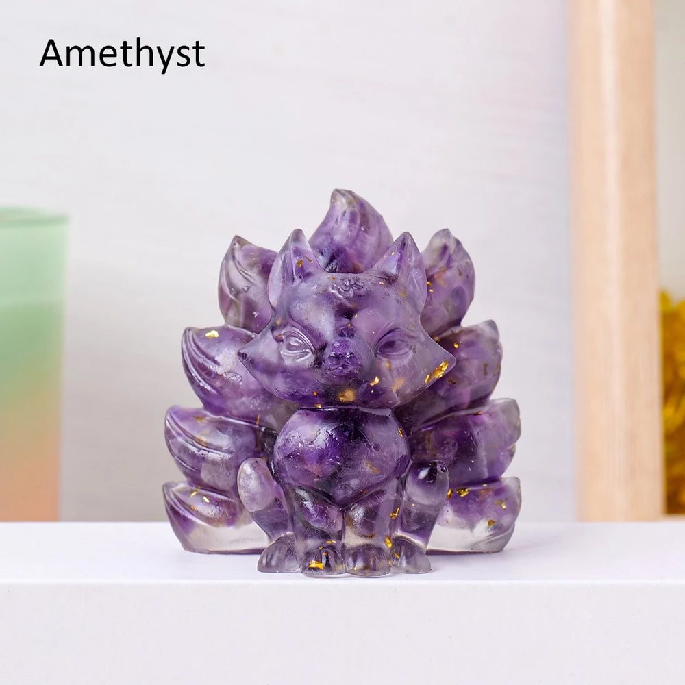 1PC Natural Crystal Gravel Jiuwei Fox Statue Dropper Resin Reiki Stone Divination Fengshui Sculpture Room Home Decoration