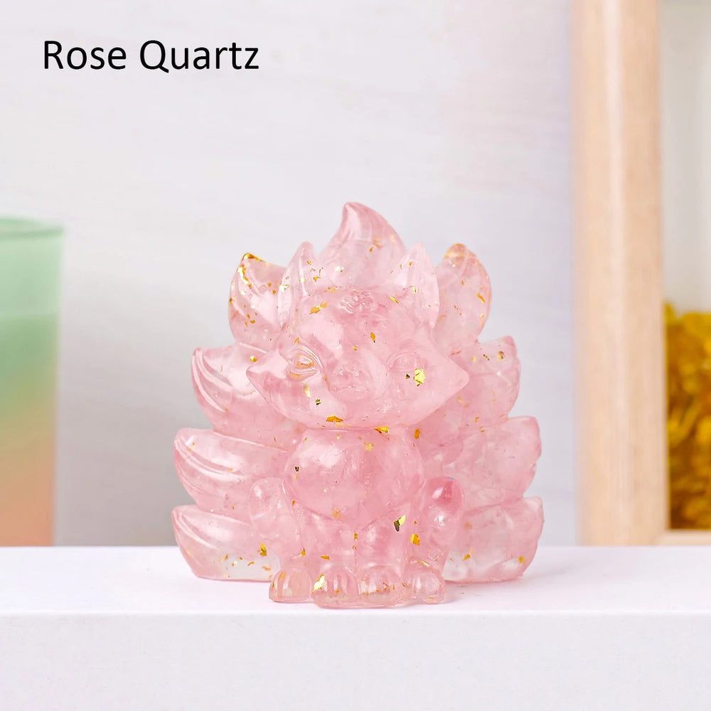 1PC Natural Crystal Gravel Jiuwei Fox Statue Dropper Resin Reiki Stone Divination Fengshui Sculpture Room Home Decoration