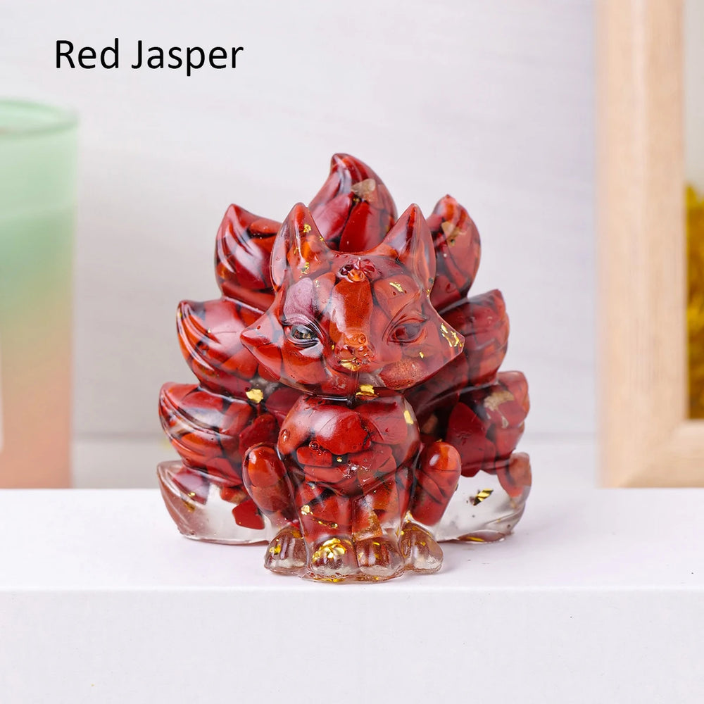 1PC Natural Crystal Gravel Jiuwei Fox Statue Dropper Resin Reiki Stone Divination Fengshui Sculpture Room Home Decoration