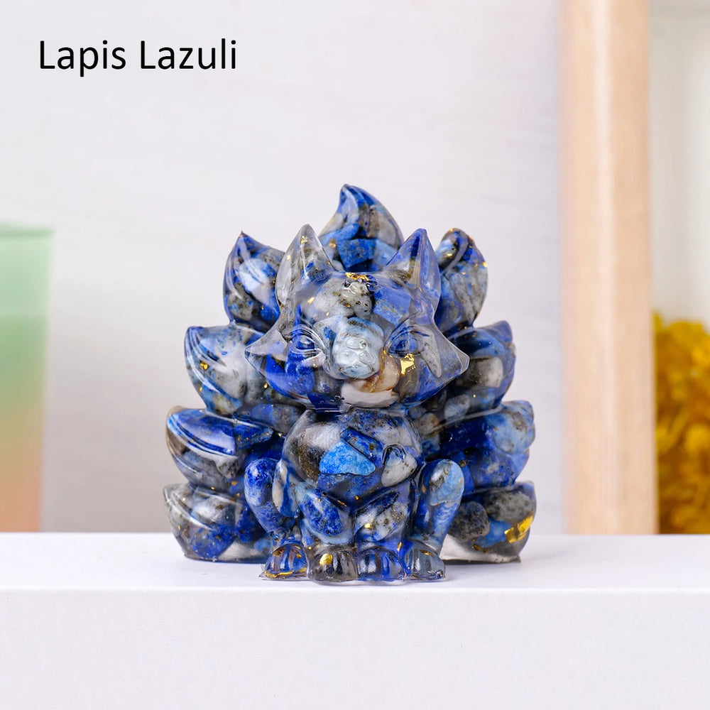 1PC Natural Crystal Gravel Jiuwei Fox Statue Dropper Resin Reiki Stone Divination Fengshui Sculpture Room Home Decoration