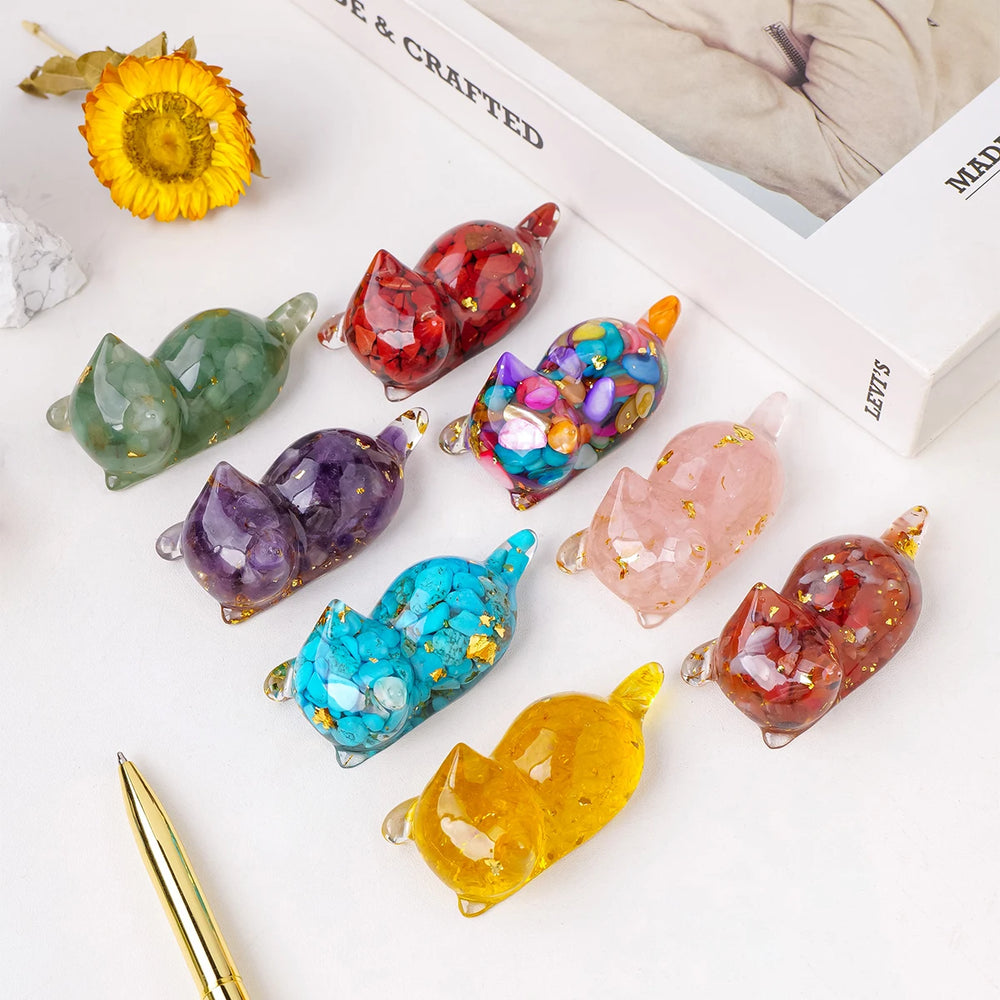 1PC Natural Crystal Gravel Little Cat Statue Dropper Resin Reiki Stone Penholder Fengshui Sculpture Room Home Decoration