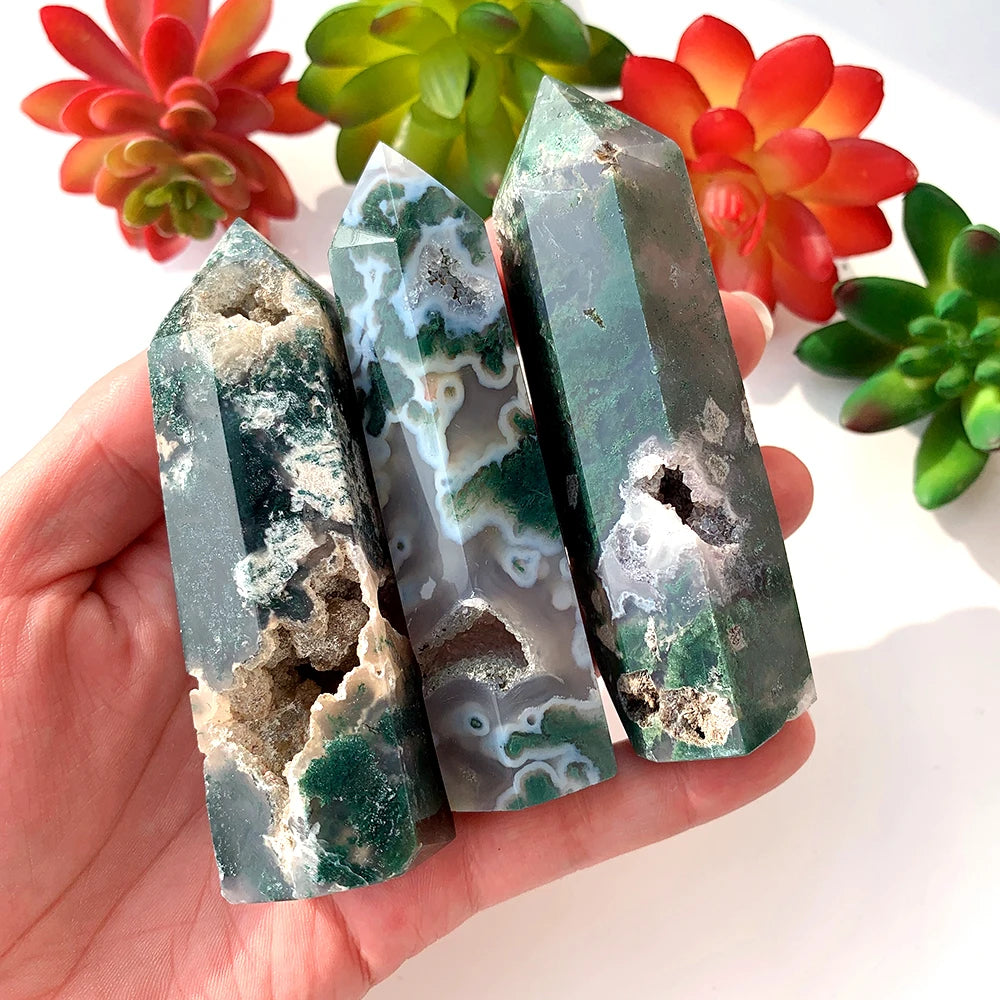 1PC Natural Crystal Hole Wand Green Water Grass Agate Point With Druzy Moss Jade Quartz Column Decorate