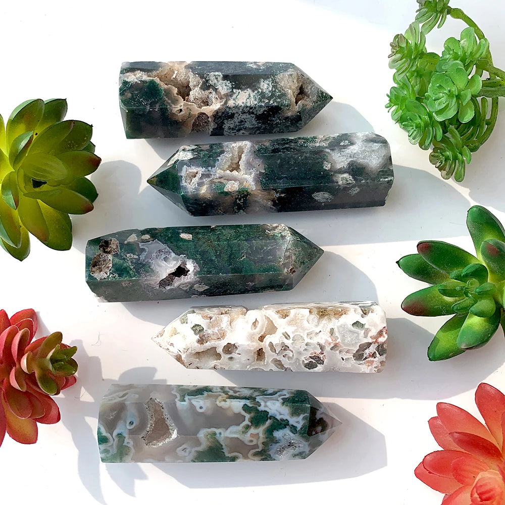 1PC Natural Crystal Hole Wand Green Water Grass Agate Point With Druzy Moss Jade Quartz Column Decorate