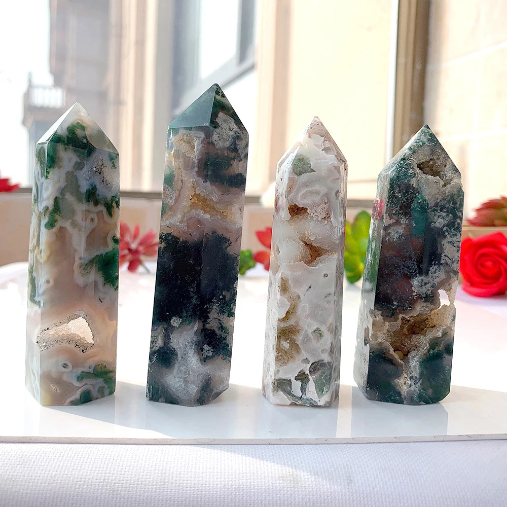 1PC Natural Crystal Hole Wand Green Water Grass Agate Point With Druzy Moss Jade Quartz Column Decorate