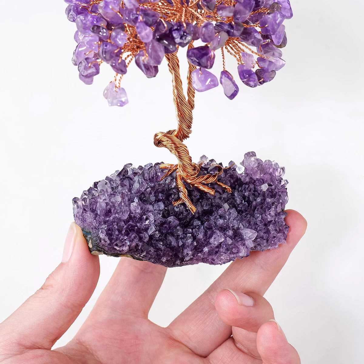 1PC Natural Crystal Lucky Tree Copper Winding Amethyst Cluster Base Energy Collection Home Decoration Money Tree