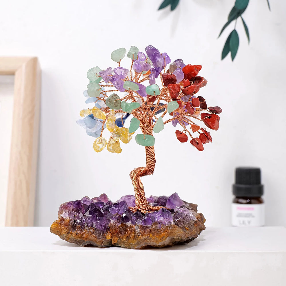 1PC Natural Crystal Lucky Tree Copper Winding Amethyst Cluster Base Energy Collection Home Decoration Money Tree