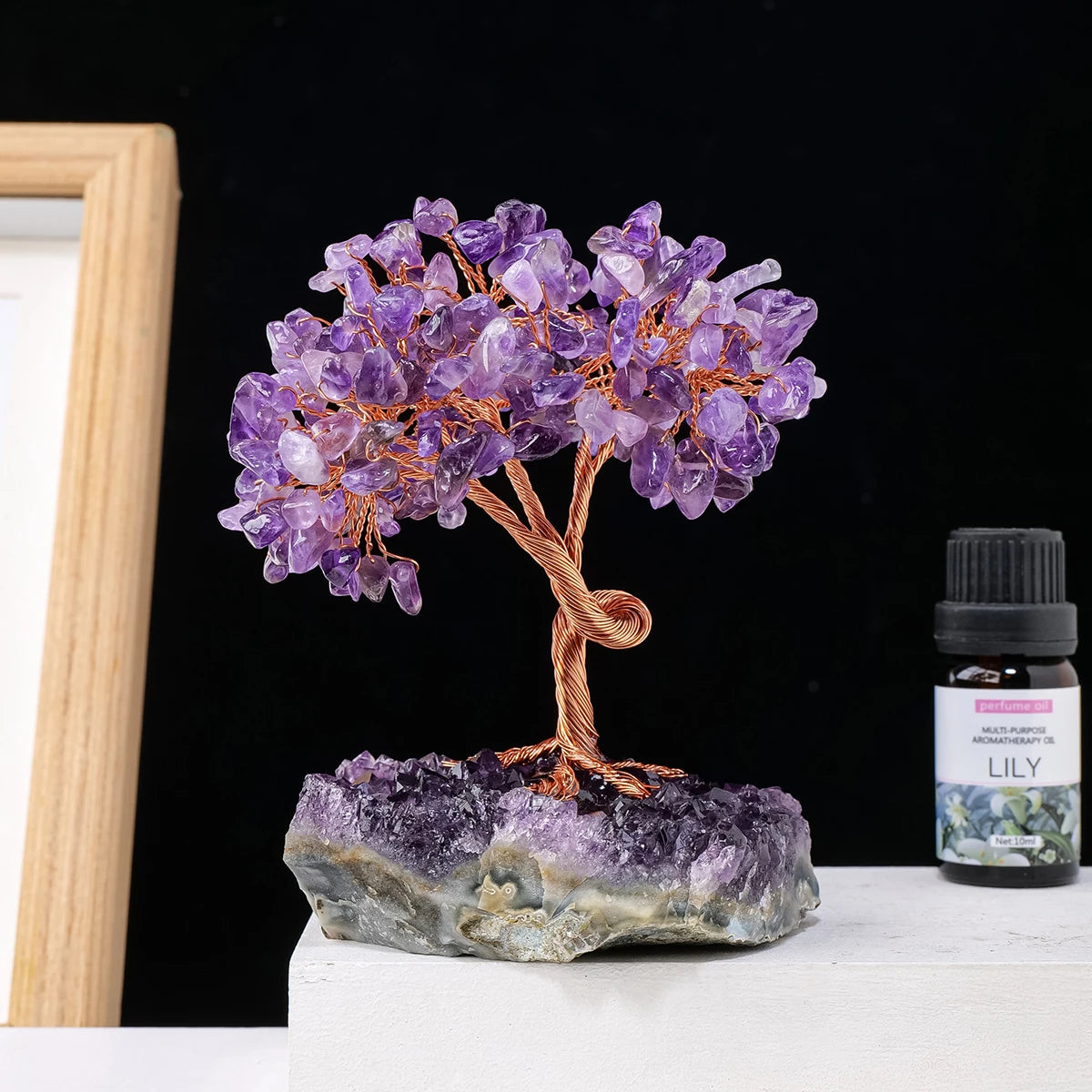 1PC Natural Crystal Lucky Tree Copper Winding Amethyst Cluster Base Energy Collection Home Decoration Money Tree