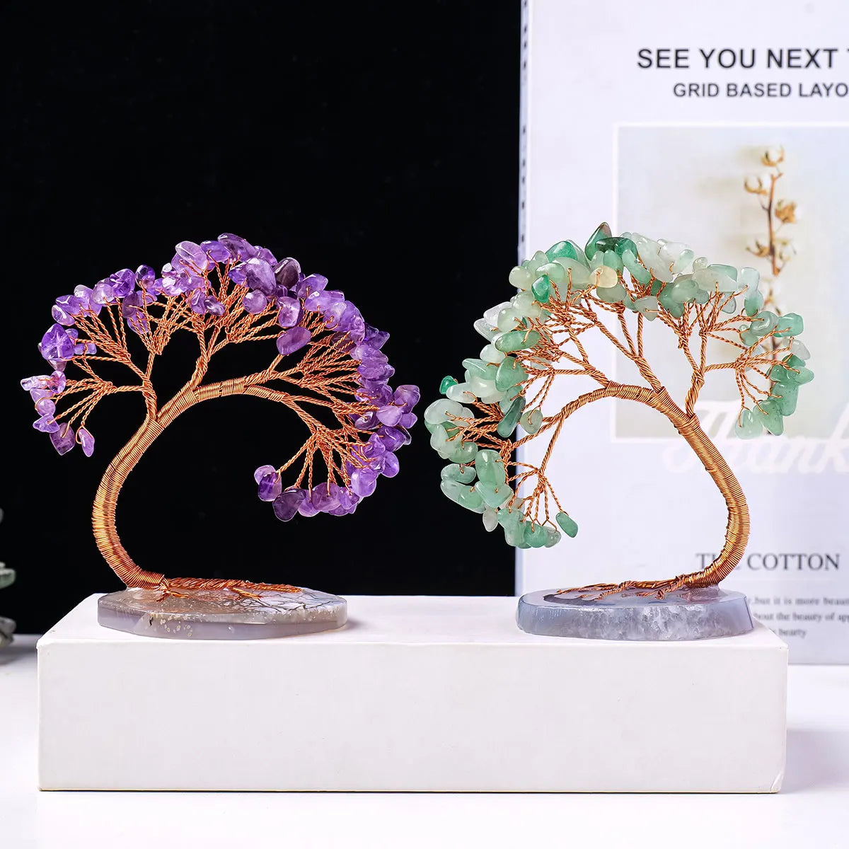 1PC Natural Crystal Lucky Tree Copper Wire Winding Amethyst Gravel With Agate Slice Base Home Decoration Money Trees