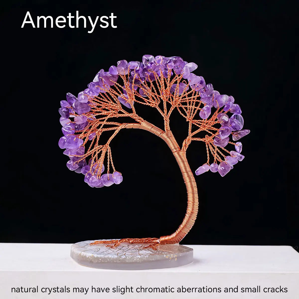 1PC Natural Crystal Lucky Tree Copper Wire Winding Amethyst Gravel With Agate Slice Base Home Decoration Money Trees