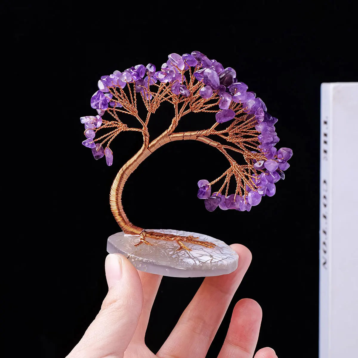 1PC Natural Crystal Lucky Tree Copper Wire Winding Amethyst Gravel With Agate Slice Base Home Decoration Money Trees