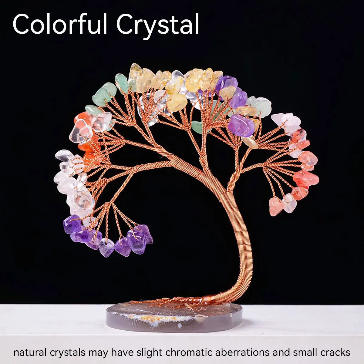 1PC Natural Crystal Lucky Tree Copper Wire Winding Amethyst Gravel With Agate Slice Base Home Decoration Money Trees