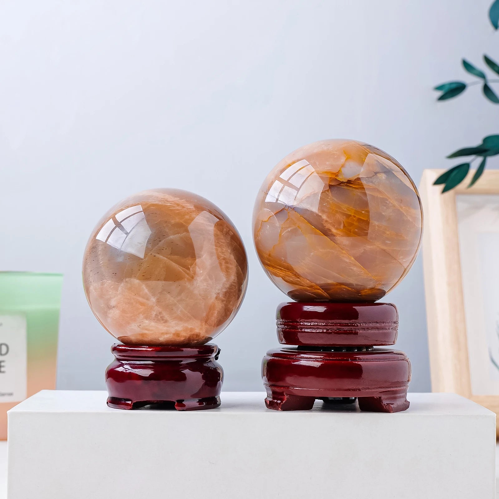 1PC Natural Crystal Orange Moonstone Ball Healing Crystals Sphere with Decorative Wooden Stand Fengshui Ornaments