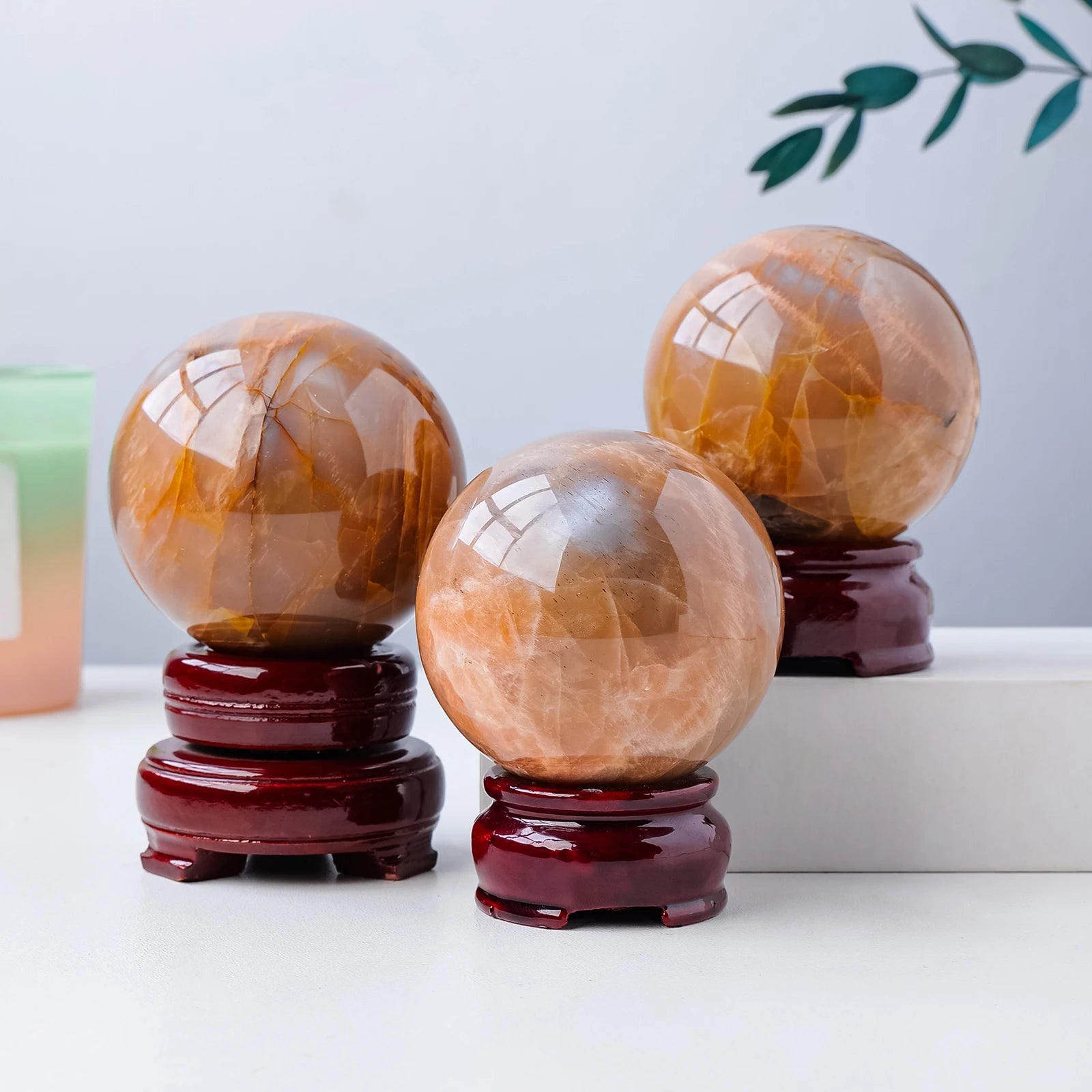 1PC Natural Crystal Orange Moonstone Ball Healing Crystals Sphere with Decorative Wooden Stand Fengshui Ornaments