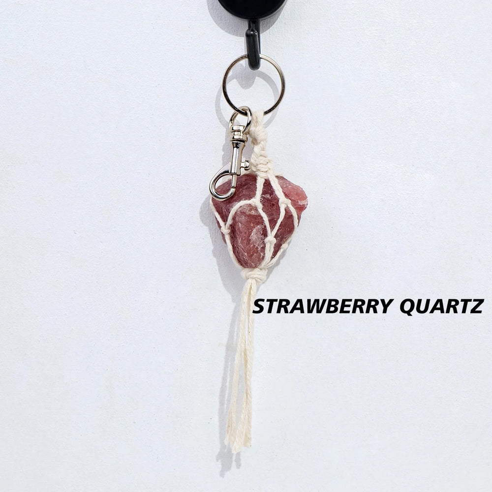 1PC Natural Crystal Raw Gemstone Hand Knitting String Bag Pendant Keychain Car Key Holder Raw Mineral Stone KeyRing Jewelry