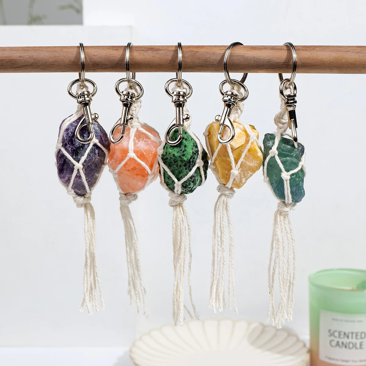 1PC Natural Crystal Raw Gemstone Hand Knitting String Bag Pendant Keychain Car Key Holder Raw Mineral Stone KeyRing Jewelry