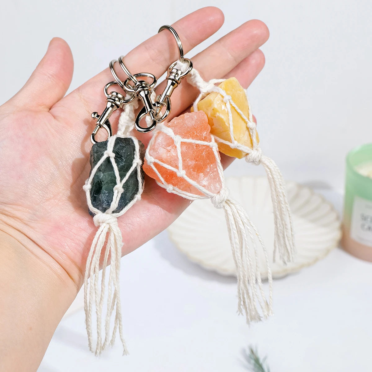 1PC Natural Crystal Raw Gemstone Hand Knitting String Bag Pendant Keychain Car Key Holder Raw Mineral Stone KeyRing Jewelry