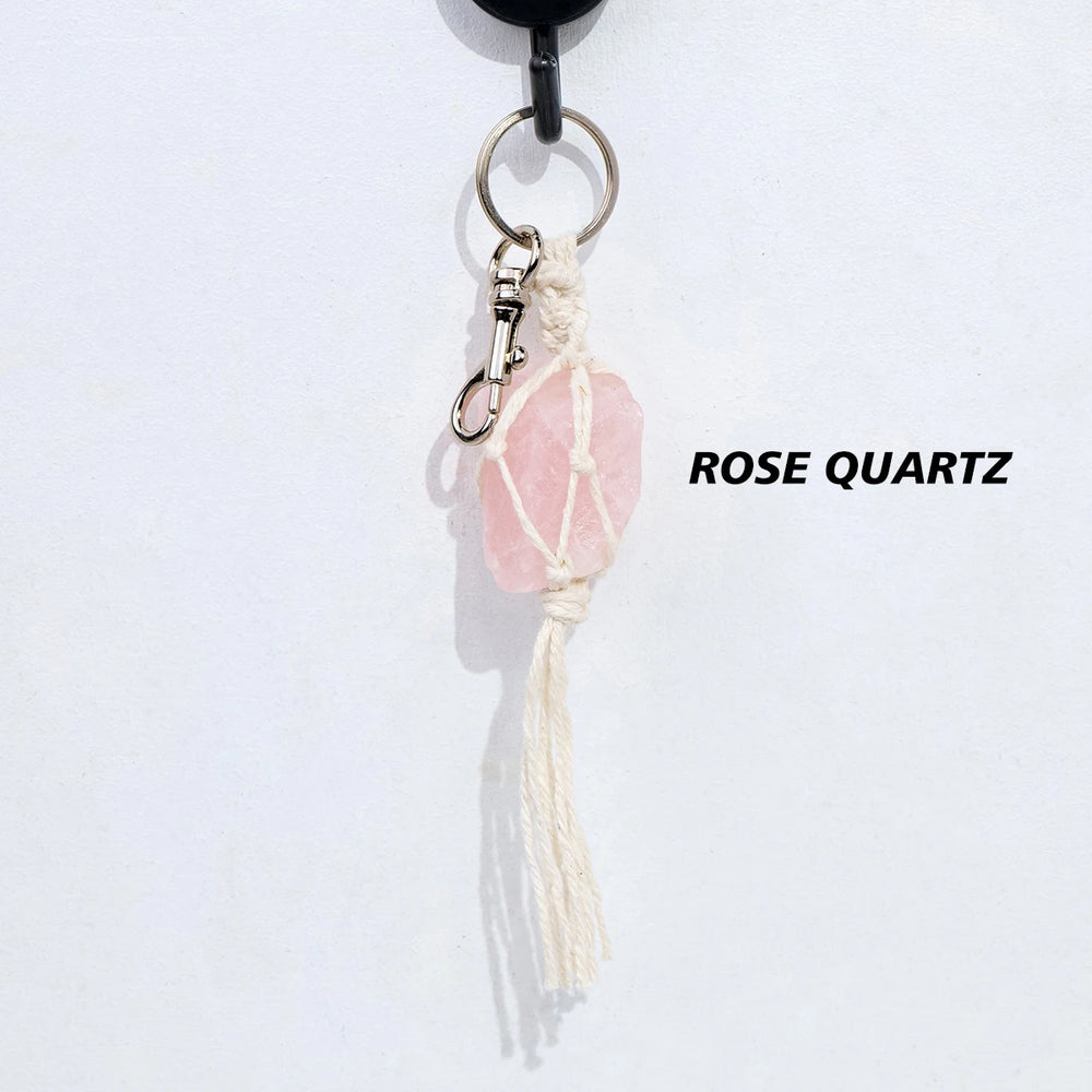 1PC Natural Crystal Raw Gemstone Hand Knitting String Bag Pendant Keychain Car Key Holder Raw Mineral Stone KeyRing Jewelry