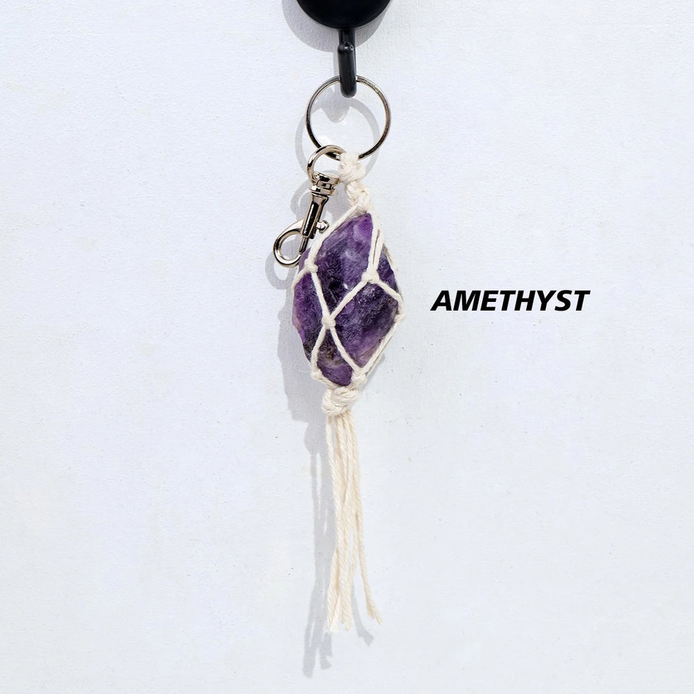 1PC Natural Crystal Raw Gemstone Hand Knitting String Bag Pendant Keychain Car Key Holder Raw Mineral Stone KeyRing Jewelry