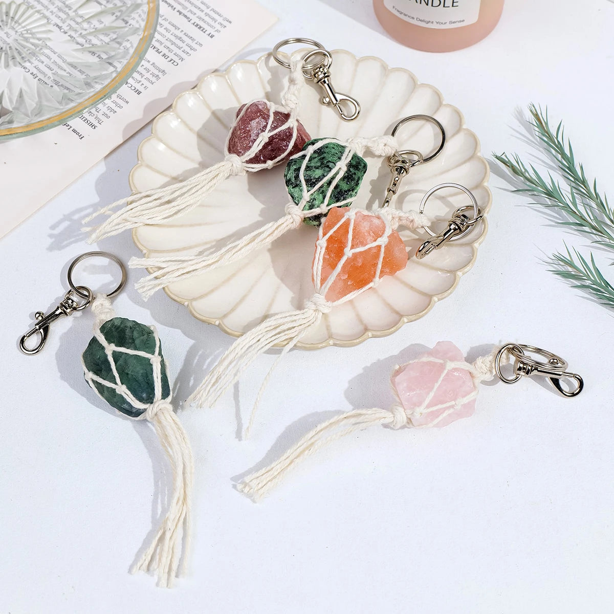 1PC Natural Crystal Raw Gemstone Hand Knitting String Bag Pendant Keychain Car Key Holder Raw Mineral Stone KeyRing Jewelry