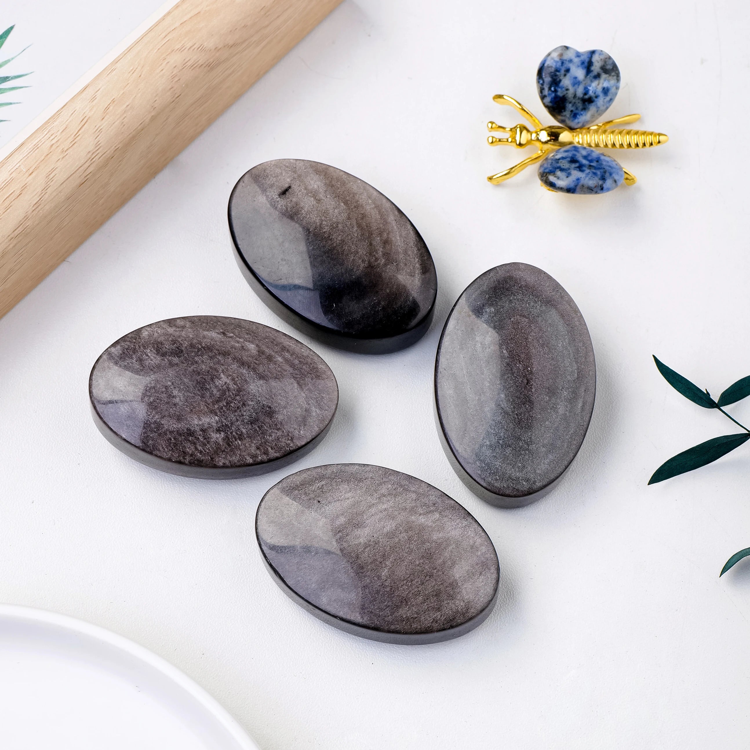 1PC Natural Crystal Silver Obsidian Heart Worry Pocket Palm Stone Healing Energy Gemstone Therapy Geometry Chakra Balancing